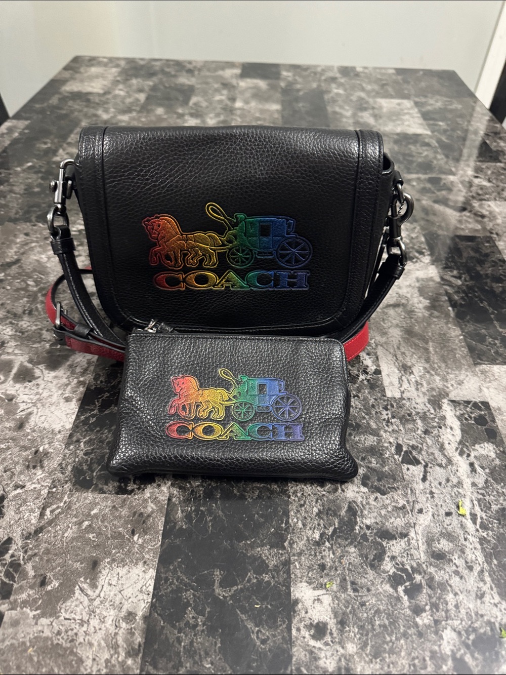 Coach Black Leather Crossbody with Rainbow Coach Logo with matching wristlet